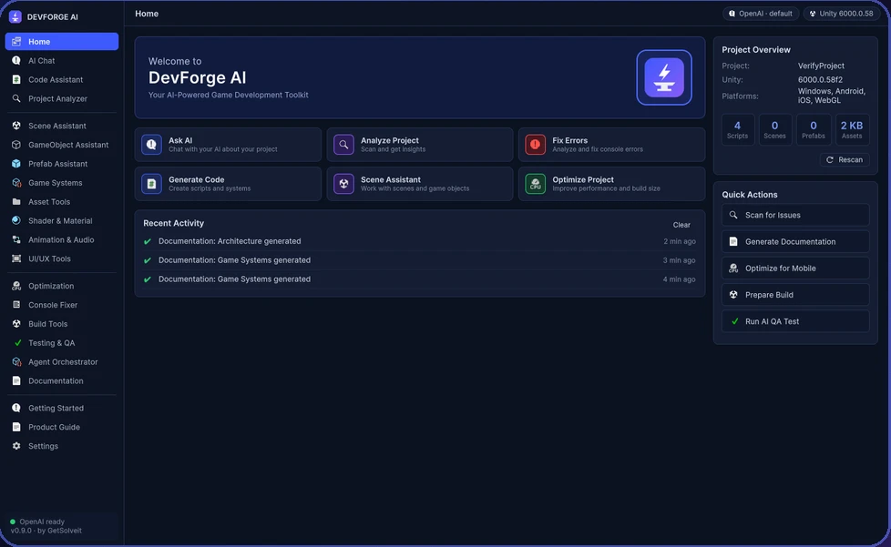 DevForge AI home screen inside the Unity Editor, showing Ask AI, Analyze Project, Fix Errors, Generate Code and Quick Actions